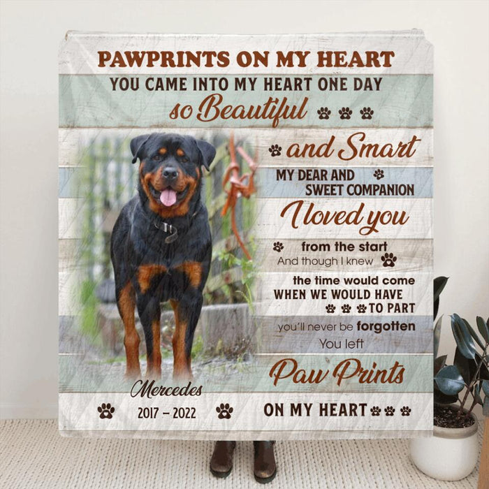 Custom Photo Dog Quilt/Single Layer Fleece Blanket  - Memorial Gift For Dog Lovers - You Left Pawprints On My Heart