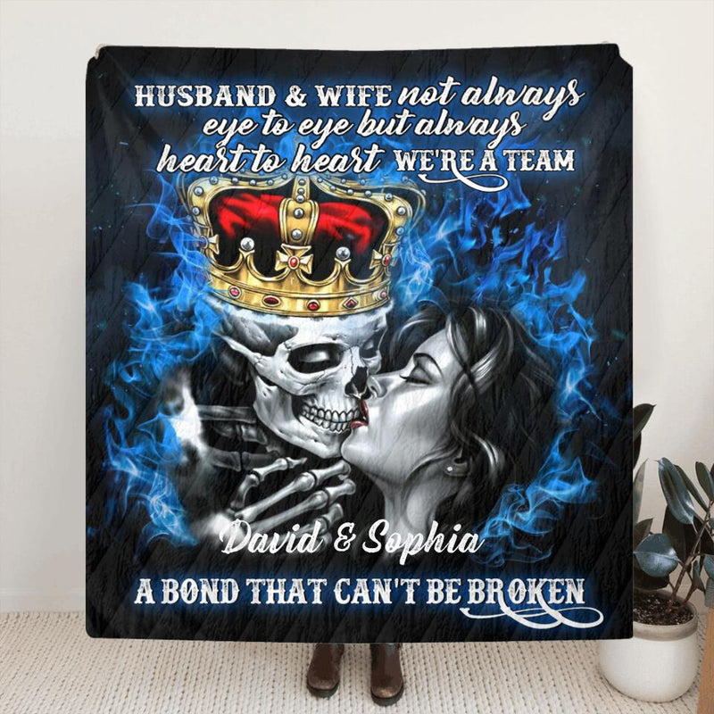 Personalized Skull Couple Quilt/Fleece Throw Blanket - Gift Idea For Couple - Husband & Wife Not Always Eye To Eye But Always Heart To Heart