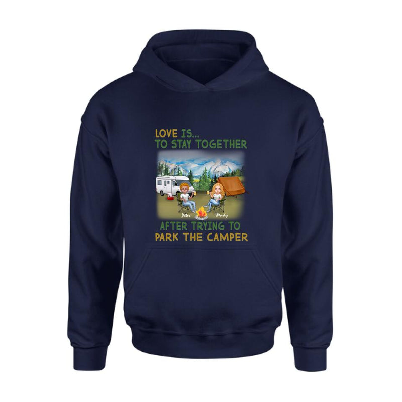 Personalized Camping Couple Chibi Shirt/Pullover Hoodie - Couple With Up to 2 Dogs - Gift Idea For Dog/Camping Lover - Love Is To Stay Together