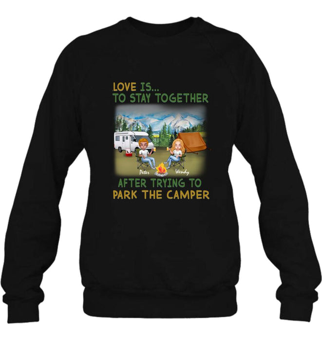 Custom Personalized Camping Couple Chibi Shirt/ Pullover Hoodie - Couple With Upto 2 Dogs - Gift Idea For Dog/ Camping Lover - Love Is To Stay Together