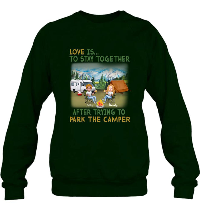 Custom Personalized Camping Couple Chibi Shirt/ Pullover Hoodie - Couple With Upto 2 Dogs - Gift Idea For Dog/ Camping Lover - Love Is To Stay Together