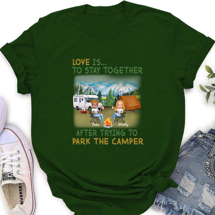 Custom Personalized Camping Couple Chibi Shirt/ Pullover Hoodie - Couple With Upto 2 Dogs - Gift Idea For Dog/ Camping Lover - Love Is To Stay Together