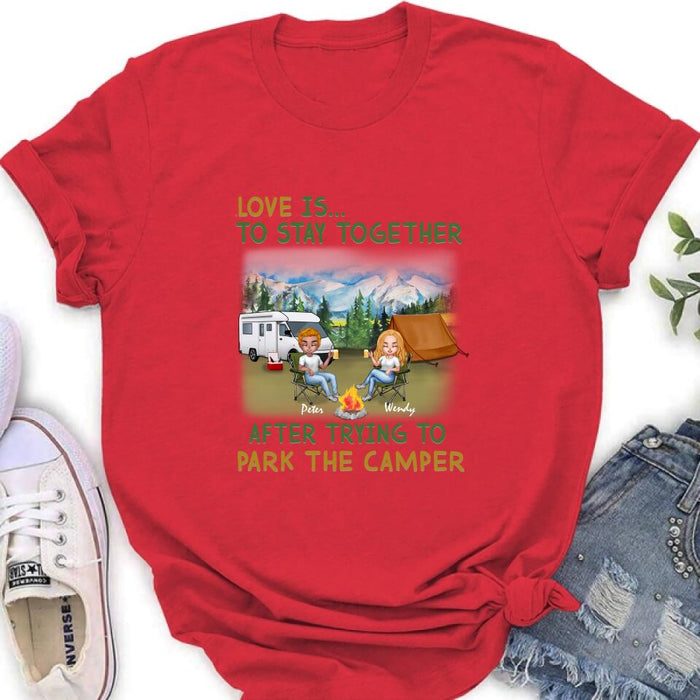 Custom Personalized Camping Couple Chibi Shirt/ Pullover Hoodie - Couple With Upto 2 Dogs - Gift Idea For Dog/ Camping Lover - Love Is To Stay Together