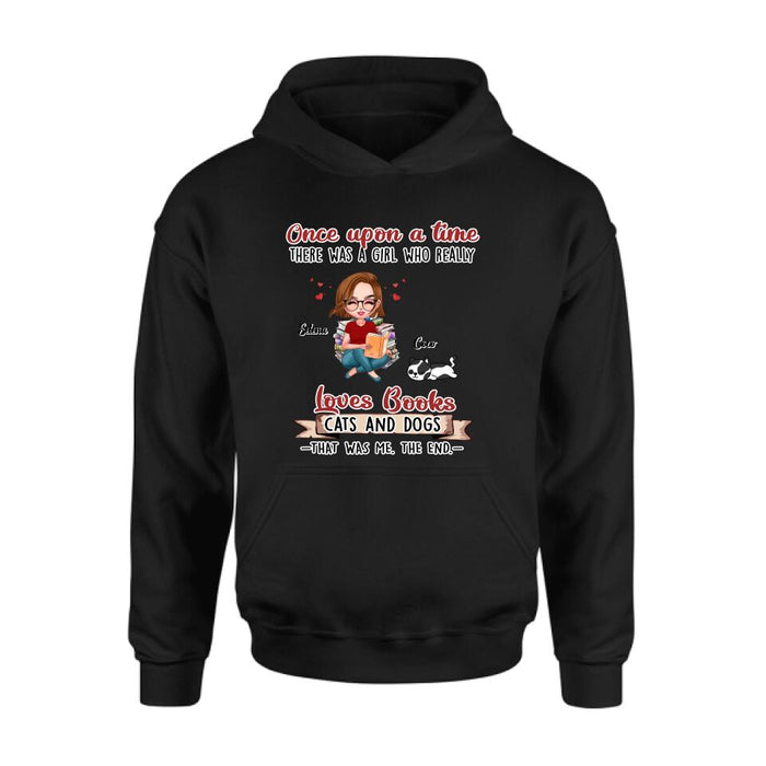 Custom Personalized Reading Girl Shirt/ Pullover Hoodie/ Sweatshirt/ Long Sleeve - Girl With Upto 4 Pets - Gift Idea For Book/ Cat/ Dog Lover - Loves Books, Cats And Dogs That Was Me