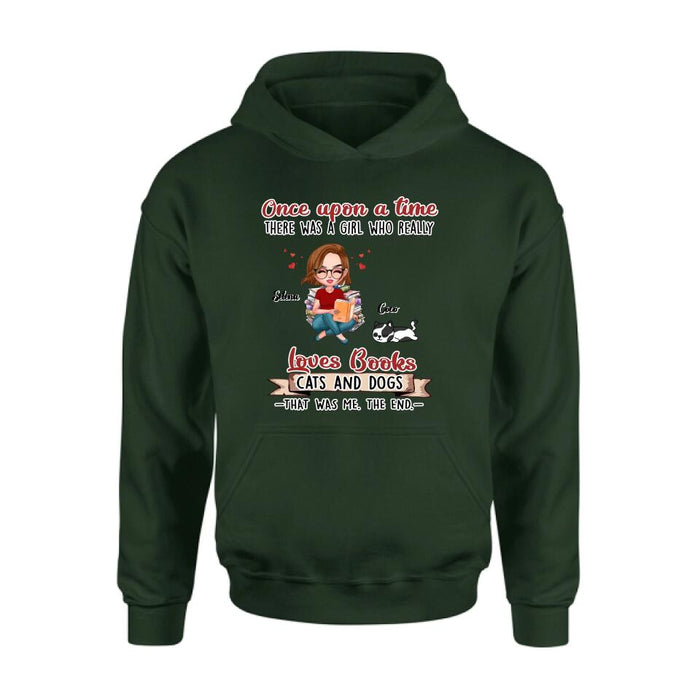 Custom Personalized Reading Girl Shirt/ Pullover Hoodie/ Sweatshirt/ Long Sleeve - Girl With Upto 4 Pets - Gift Idea For Book/ Cat/ Dog Lover - Loves Books, Cats And Dogs That Was Me