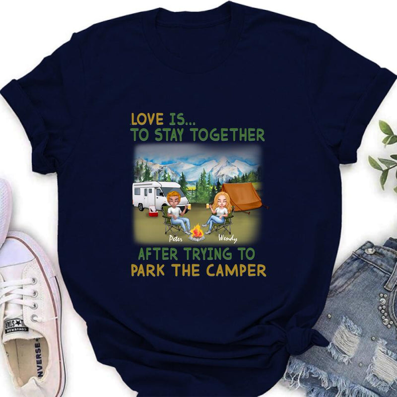 Personalized Camping Couple With Dog Shirt/Pullover Hoodie - Couple With Up to 3 Dogs - Gift Idea For Dog/Camping Lover - Home Is Where We Park It
