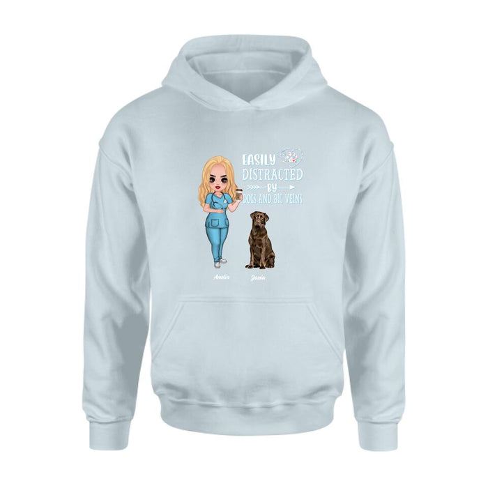 Custom Personalized Nurse Dog Mom Shirt/ Pullover Hoodie - Upto 5 Dogs - Gift Idea For Dog Lovers - Easily Distracted By Dogs And Big Veins