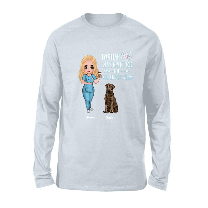 Custom Personalized Nurse Dog Mom Shirt/ Pullover Hoodie - Upto 5 Dogs - Gift Idea For Dog Lovers - Easily Distracted By Dogs And Big Veins