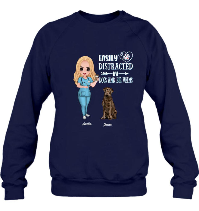 Custom Personalized Nurse Dog Mom Shirt/ Pullover Hoodie - Upto 5 Dogs - Gift Idea For Dog Lovers - Easily Distracted By Dogs And Big Veins