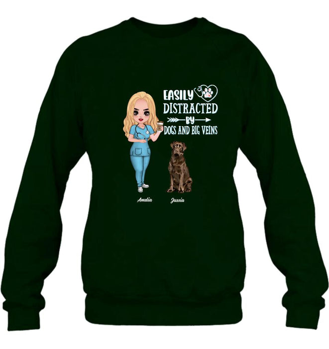 Custom Personalized Nurse Dog Mom Shirt/ Pullover Hoodie - Upto 5 Dogs - Gift Idea For Dog Lovers - Easily Distracted By Dogs And Big Veins