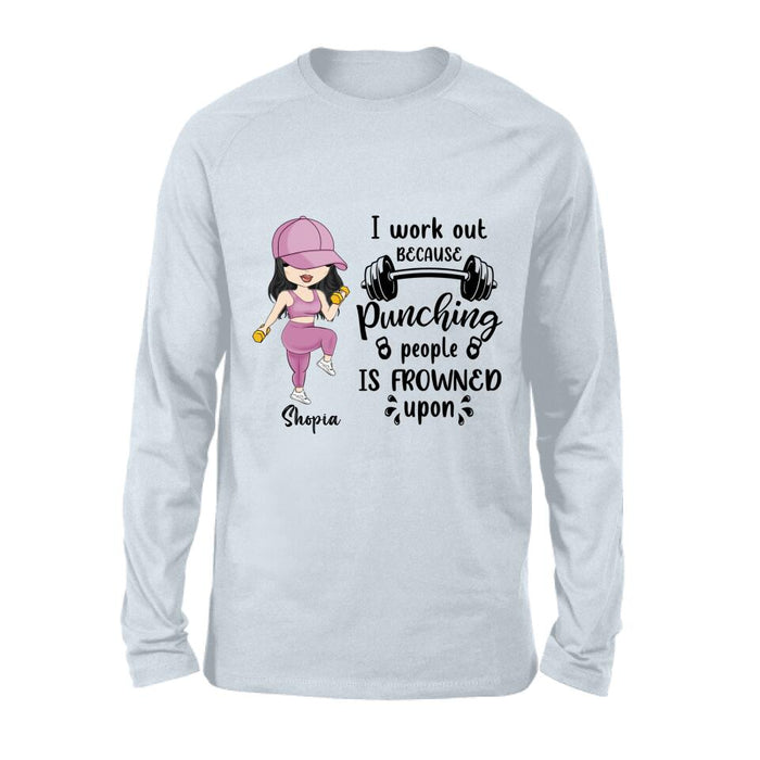 Custom Personalized Gym Girl Chibi Shirt - Gift Idea For Gym Lovers - I Worked Out Because Punching People Is Frowned Upon