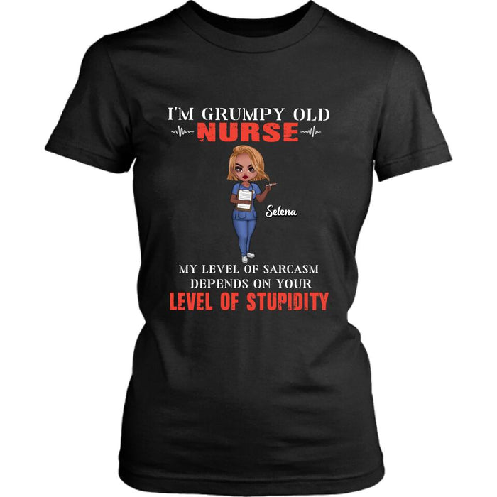 Custom Personalized Grumpy Old Nurse Shirt/ Pullover Hoodie - Gift Idea For Nurse - My Level Of Sarcasm Depends On Your Level Of Stupidity