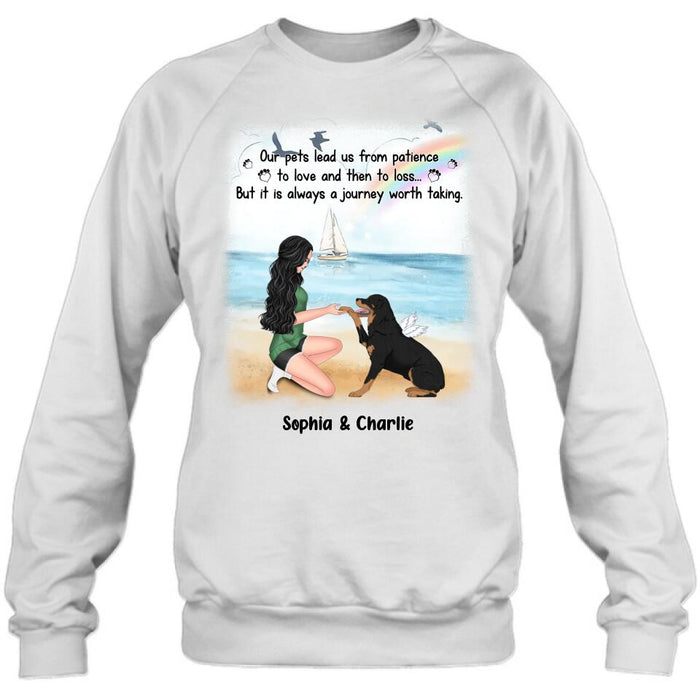 Custom Personalized Dog Mom Shirt/ Hoodie - Memorial Gift For Dog Mom/ Dog Lover - Our pets lead us from patience to love and then to loss