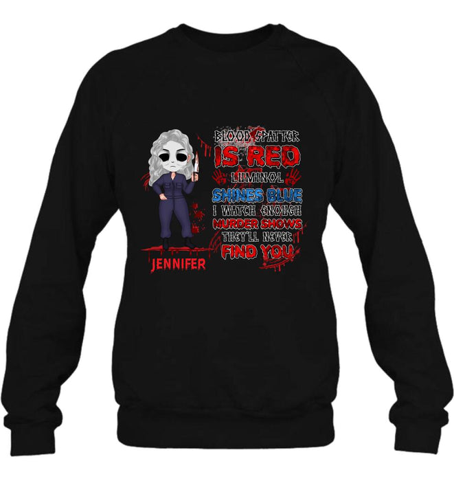 Custom Personalized Watch Enough Murder Shows Shirt/ Hoodie - Gift For Girls - Blood Spatter Is Red Luminol Shines Blue