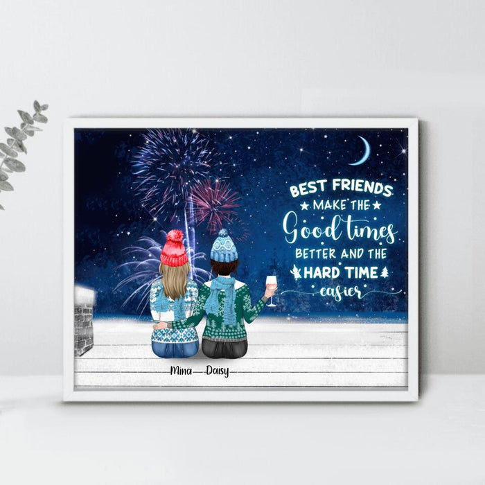 Custom Personalized Christmas Besties With Wine By Window Poster - Upto 4 Girls - Christmas Gift For Best Friends - Best Friends Make The Good Times Better And The Hard Time Easier
