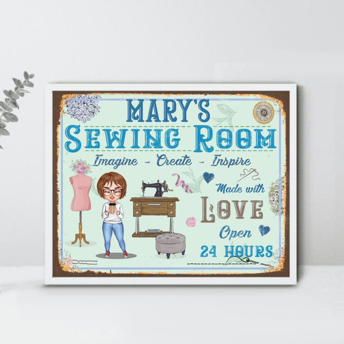 Custom Personalized Sewing Chibi Girl Poster - Gift For Sewing Lovers/Mother's Day - Sewing Room Imagine, Create, Inspire Made With Love Open 24 Hours