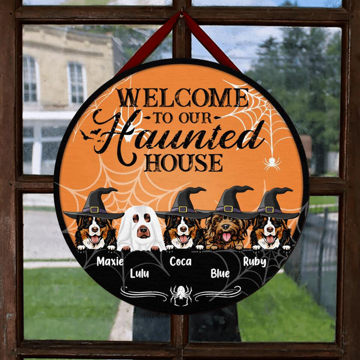 Custom Personalized Dog Circle Wooden Sign - Gift Idea For Halloween/ Dog Lover with up to 5 Dogs - Welcome To Our Haunted House