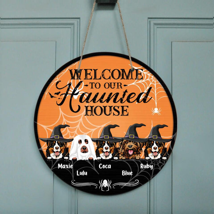 Custom Personalized Dog Circle Wooden Sign - Gift Idea For Halloween/ Dog Lover with up to 5 Dogs - Welcome To Our Haunted House