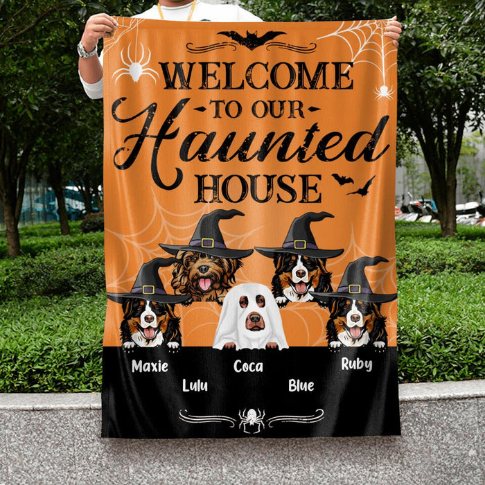 Custom Personalized Dog Flag Sign - Gift Idea For Halloween/ Dog Lover with up to 5 Dogs - Welcome To Our Haunted House