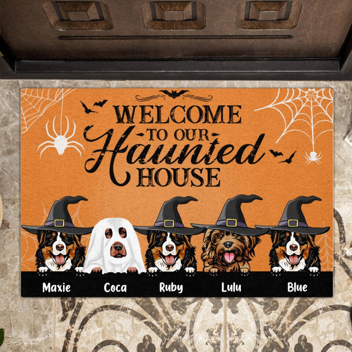 Custom Personalized Dog Doormat - Gift Idea For Halloween/ Dog Lover with up to 5 Dogs - Welcome To Our Haunted House