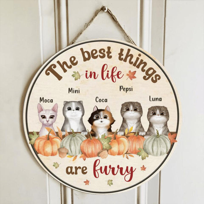 Custom Personalized Autumn Cats Wooden Sign - Upto 5 Cats - Gift Idea For Cat Lovers - The Best Things In Life Are Furry