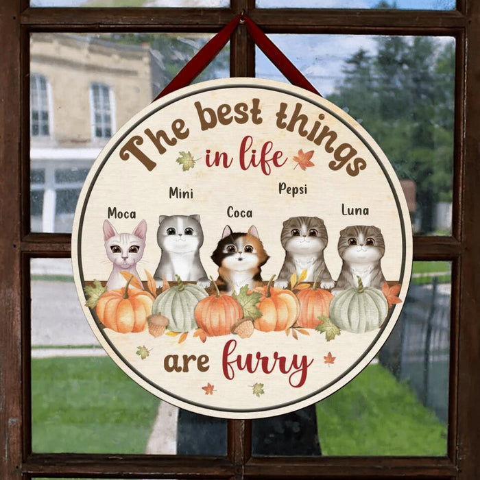 Custom Personalized Autumn Cats Wooden Sign - Upto 5 Cats - Gift Idea For Cat Lovers - The Best Things In Life Are Furry