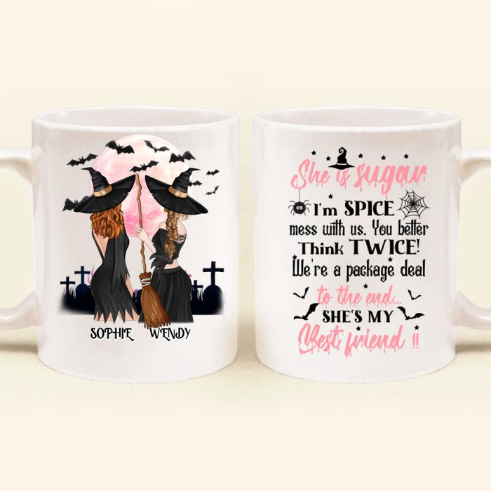 Custom Personalized Friends Mug - Halloween Gift Idea For Friends/Sisters - She Is Sugar I'm Spice