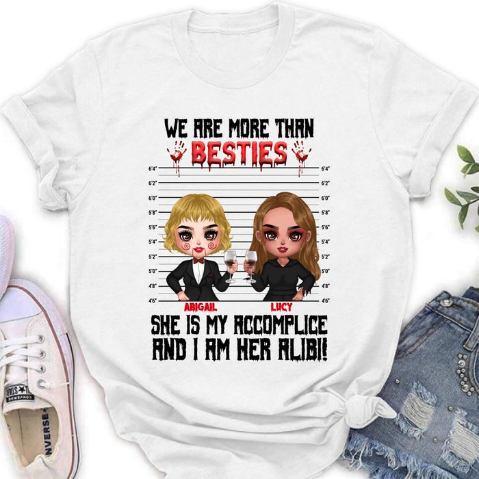 Custom Personalized Accomplice And Alibi Halloween Shirt/ Hoodie - Halloween Gift For Friends/ Besties - Upto 5 Girls - We Are More Than Besties