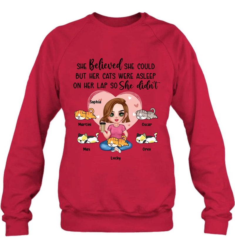 Personalized Cat Mom Shirt/Hoodie - Gift Idea For Cat Owner with up to 5 Cats - Her Cats Were Asleep On Her Lap