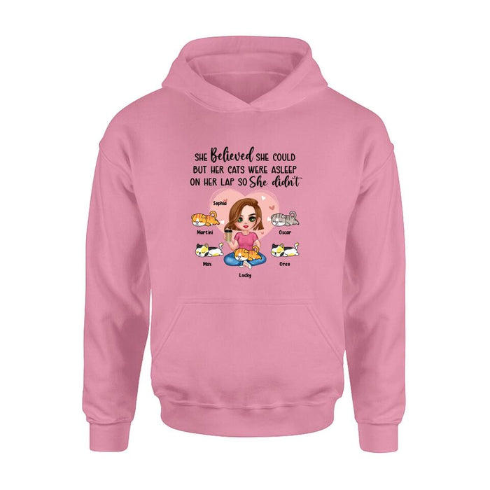 Custom Personalized Cat Mom Shirt/Hoodie - Gift Idea For Cat Owner with up to 5 Cats - Her Cats Were Asleep On Her Lap