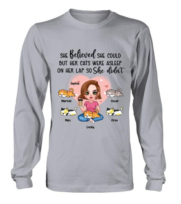 Custom Personalized Cat Mom Shirt/Hoodie - Gift Idea For Cat Owner with up to 5 Cats - Her Cats Were Asleep On Her Lap