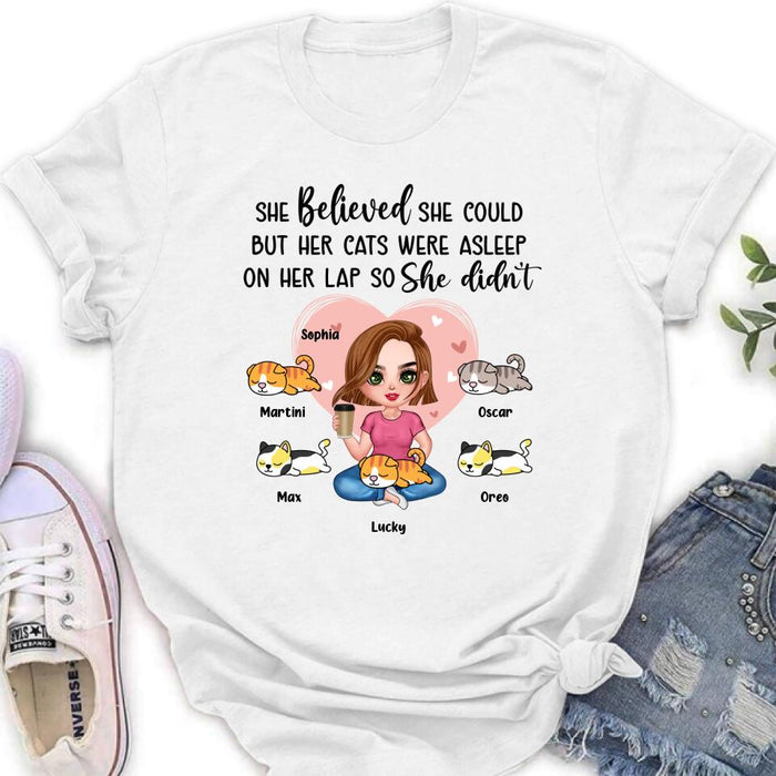 Custom Personalized Cat Mom Shirt/Hoodie - Gift Idea For Cat Owner with up to 5 Cats - Her Cats Were Asleep On Her Lap