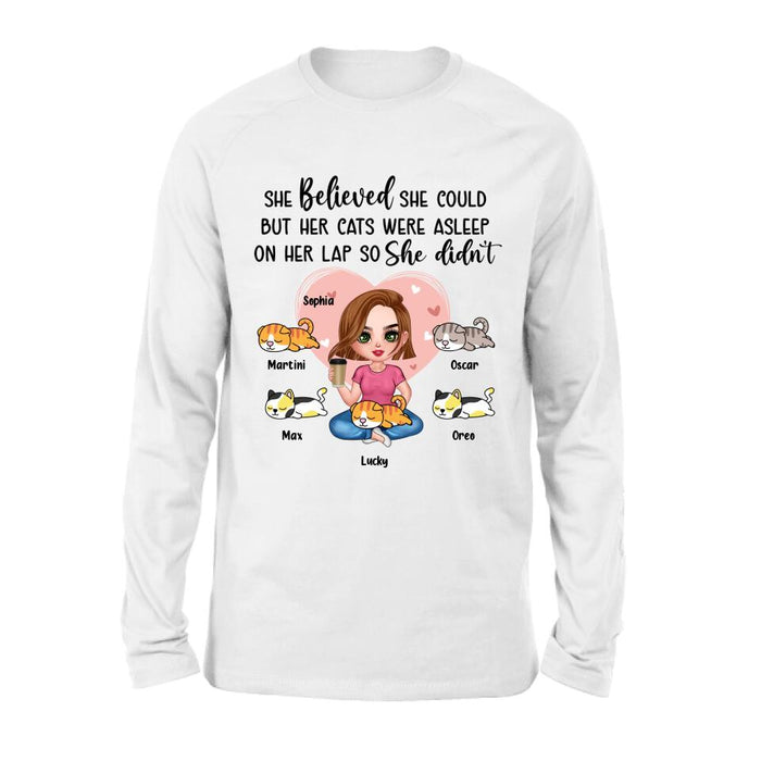 Custom Personalized Cat Mom Shirt/Hoodie - Gift Idea For Cat Owner with up to 5 Cats - Her Cats Were Asleep On Her Lap