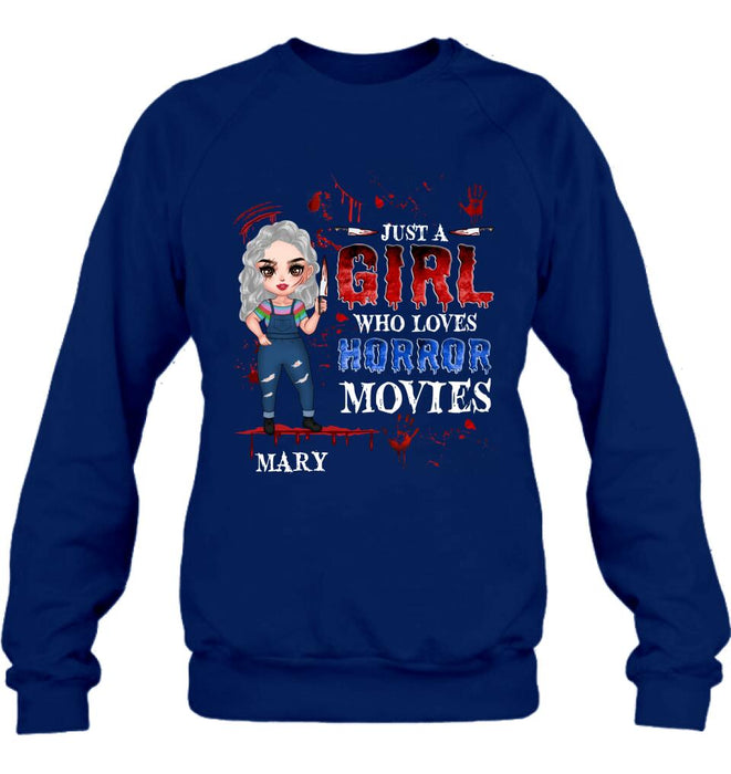 Custom Personalized Halloween Shirt/ Hoodie - Gift Idea For Halloween - Just A Girl Who Loves Horror Movies