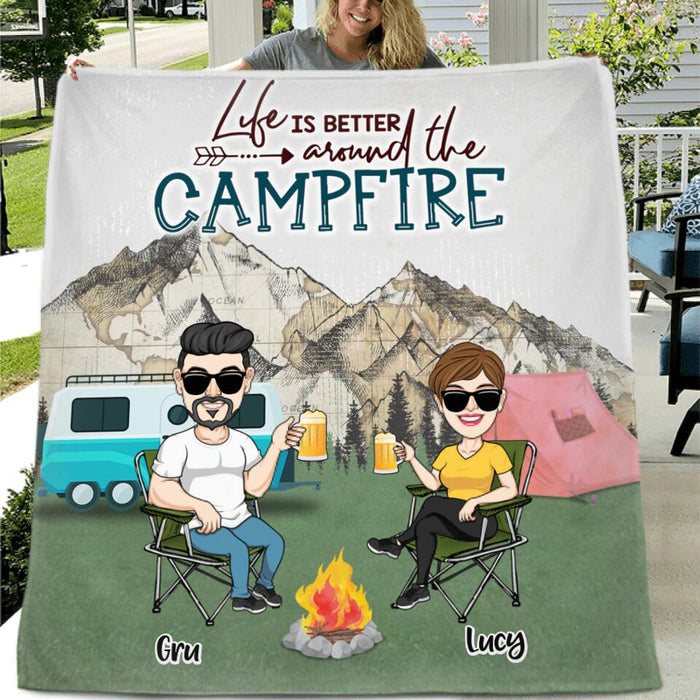 Custom Personalized Camping Couple Fleece/ Quilt Blanket - Couple With Upto 4 Dogs - Gift Idea For Camping/ Dog Lover - Life Is Better Around The Campfire