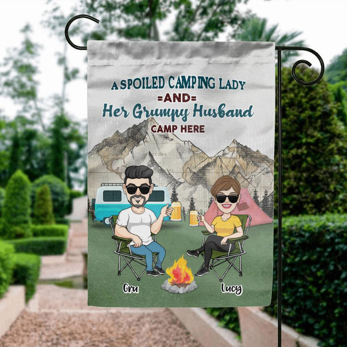 Custom Personalized Camping Couple Flag - Couple With Upto 4 Dogs - Gift Idea For Camping/ Dog Lover - A Spoiled Camping Lady And Her Grumpy Husband Camp Here