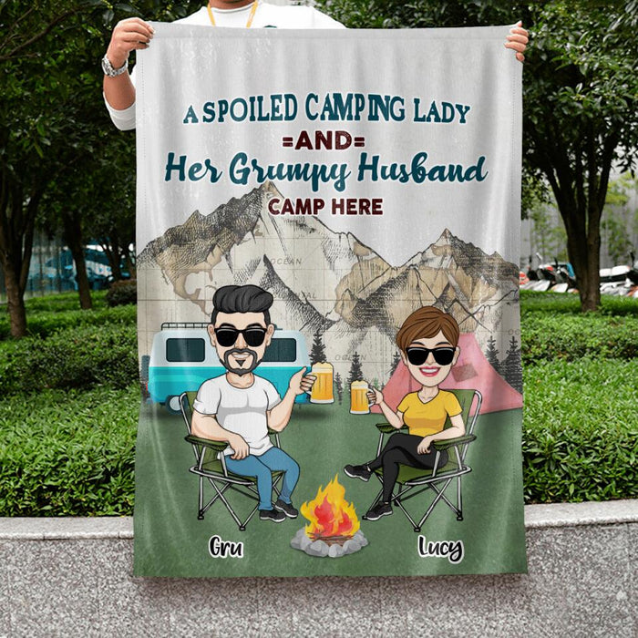 Custom Personalized Camping Couple Flag - Couple With Upto 4 Dogs - Gift Idea For Camping/ Dog Lover - A Spoiled Camping Lady And Her Grumpy Husband Camp Here