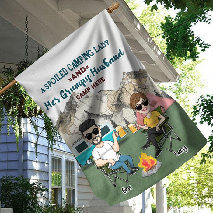 Custom Personalized Camping Couple Flag - Couple With Upto 4 Dogs - Gift Idea For Camping/ Dog Lover - A Spoiled Camping Lady And Her Grumpy Husband Camp Here