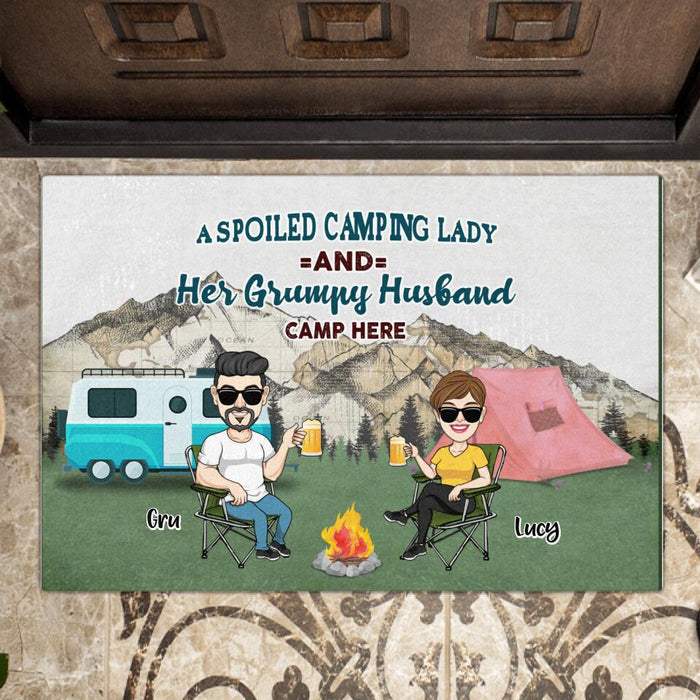 Custom Personalized Camping Couple Doormat - Couple With Upto 4 Dogs - Gift Idea For Camping/ Dog Lover - A Spoiled Camping Lady And Her Grumpy Husband Camp Here