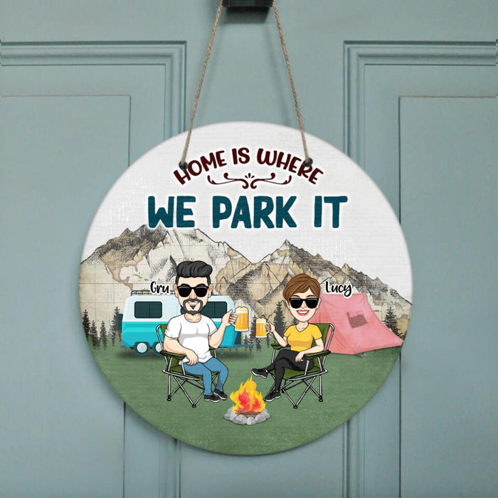 Custom Personalized Camping Couple Wooden Sign - Couple With Upto 4 Dogs - Gift Idea For Camping/ Dog Lover - Home Is Where We Park It