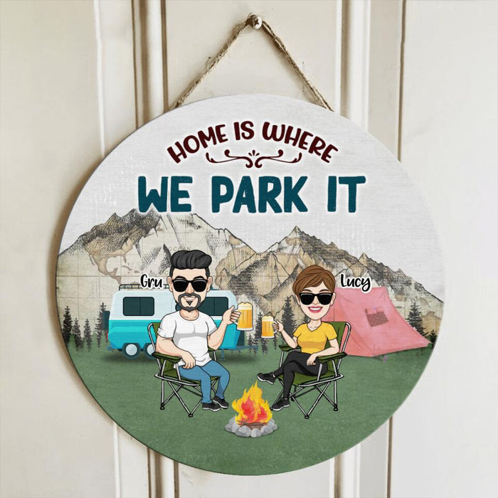 Custom Personalized Camping Couple Wooden Sign - Couple With Upto 4 Dogs - Gift Idea For Camping/ Dog Lover - Home Is Where We Park It