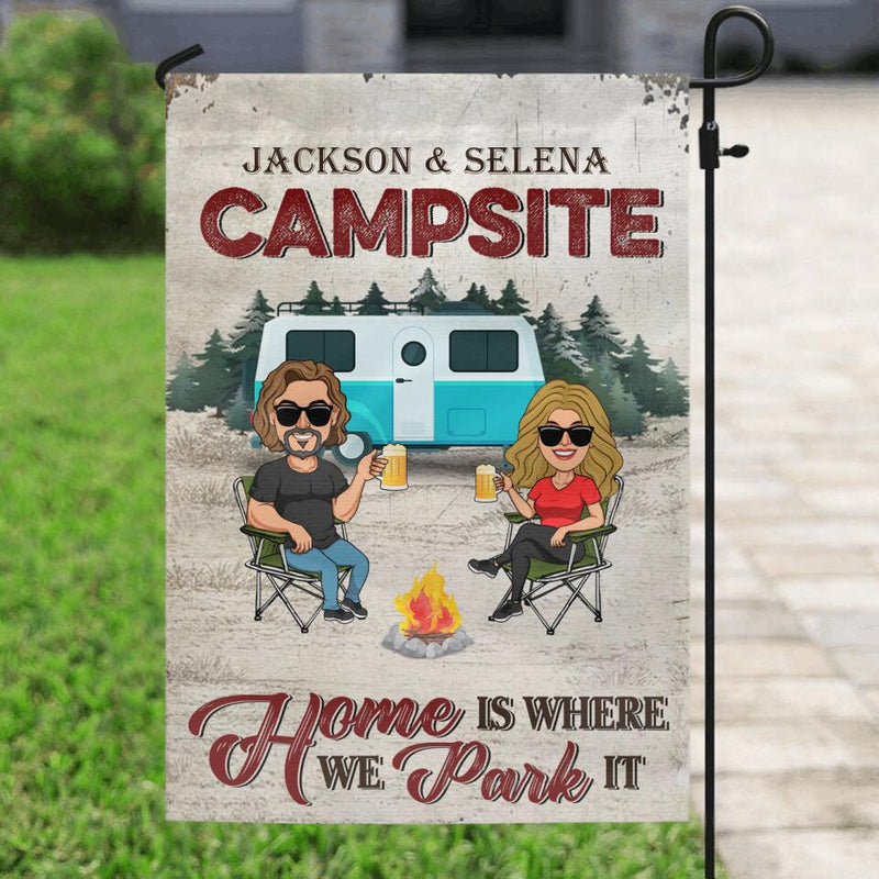 Personalized Camping Couple Flag Sign - Couple With Up to 4 Dogs - Gift Idea For Couple/Camping Lover - Home Is Where We Park It