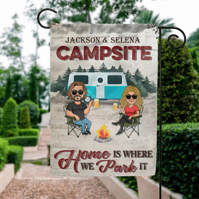 Custom Personalized Camping Couple Flag Sign - Couple With Upto 4 Dogs - Gift Idea For Couple/ Camping Lover - Home Is Where We Park It