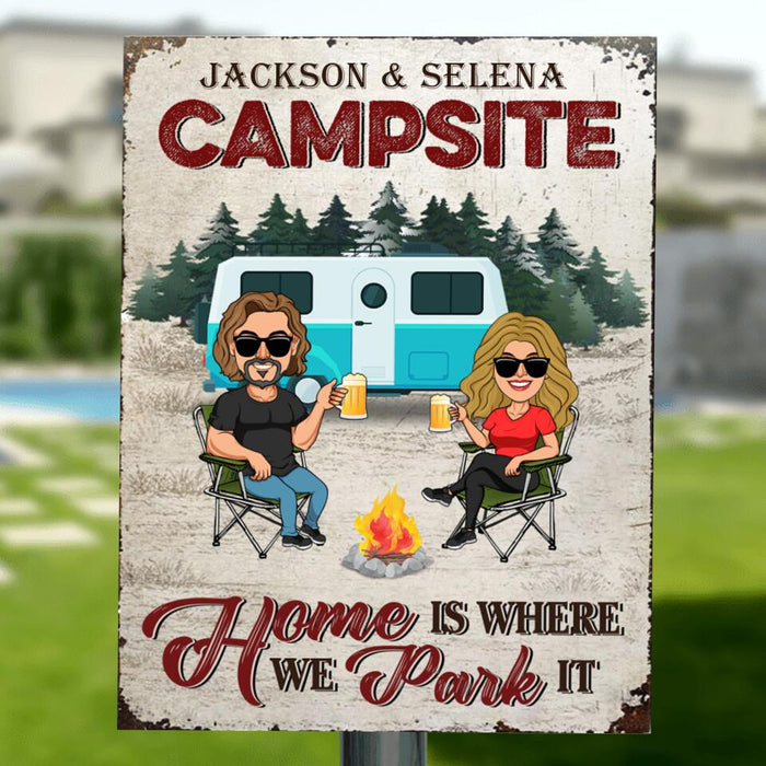 Custom Personalized Camping Couple Metal Sign - Couple With Upto 4 Dogs - Gift Idea For Couple/ Camping Lover - Home Is Where We Park It