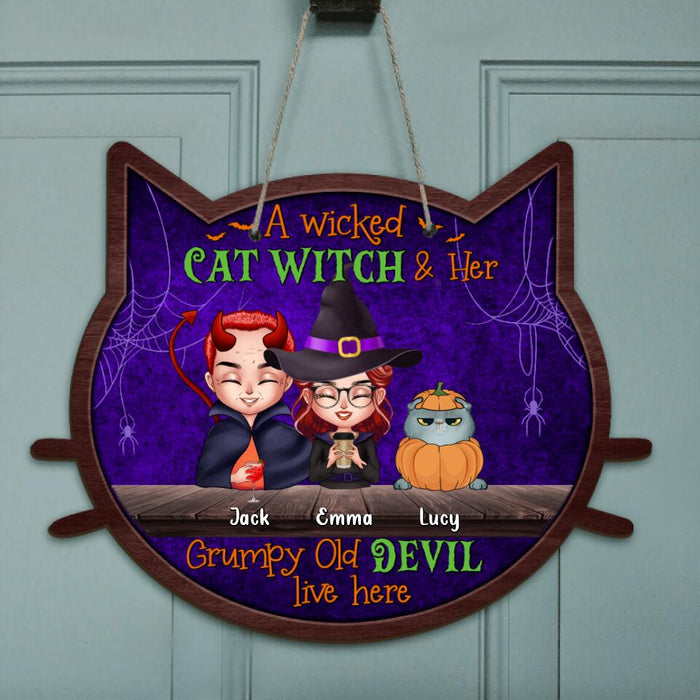 Custom Personalized Halloween Couple Wooden Sign - Upto 6 Cats - Halloween Gift For Couple/Cat Lovers/Wiccan Decor/Pagan Decor - A Wicked Cat Witch And Her Grumpy Old Devil Live Here