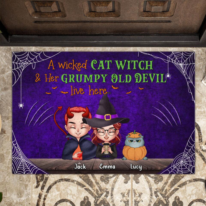 Custom Personalized Halloween Couple Doormat - Upto 6 Cats - Halloween Gift For Couple/Cat Lovers/Wiccan Decor/Pagan Decor - A Wicked Cat Witch And Her Grumpy Old Devil Live Here