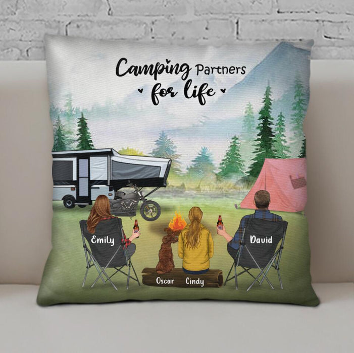 Custom Personalized Camping Pillow Cover - Couple With Kid and Upto 5 Pets - Best Gift For Couple, Camping Lovers - Camping Partners For Life
