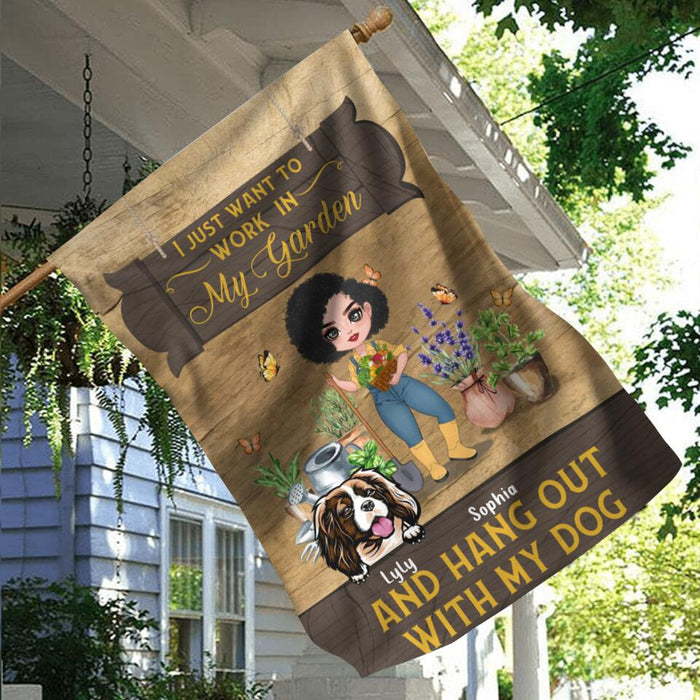 Personalized Gardening Girl Flag Sign - Gift Idea For Gardening Lover/ Dog Lover with up to 6 Dogs - I Just Want To Work In My Garden and Hang Out With My Dog