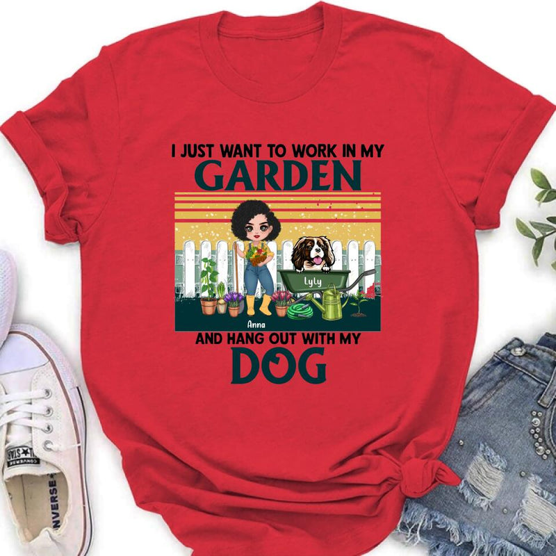 Personalized Gardening Girl Shirt/ Hoodie - Gift Idea For Gardening Lover/ Dog Lover with up to 6 Dogs - I Just Want To Work In My Garden and Hang Out With My Dog