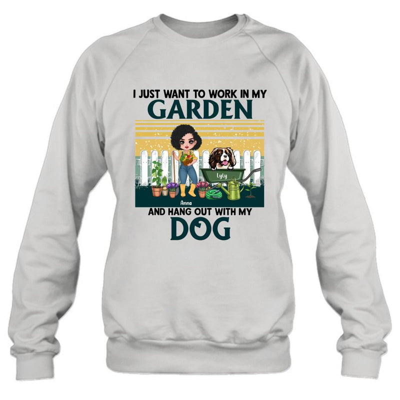Personalized Gardening Girl Shirt/ Hoodie - Gift Idea For Gardening Lover/ Dog Lover with up to 6 Dogs - I Just Want To Work In My Garden and Hang Out With My Dog